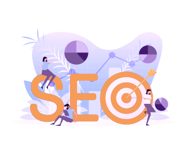 SEO Content Graphic with people standing next to the letters SEO